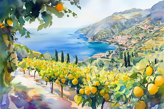 Vibrant Lemon Grove Farmhouse Watercolor Canvas Print Home Decor Art Inspiring Impressionist Landscape Wall Art