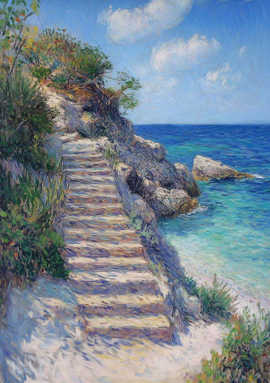 Serene Coastal Steps Canvas Print Inspired by Impressionist Style Vibrant Blue Ocean Wall Art Home Decor Digital Download