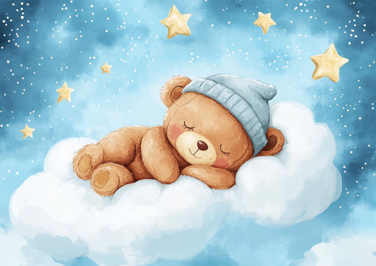 Cute Bear Sleeping on Cloud Art Print Cozy Nursery Wall Decor Canvas Digital Download in Soft Blue and Yellow Tones