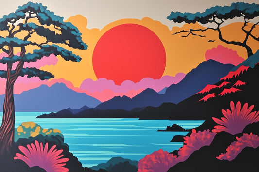 Stunning Sunset Landscape Canvas Print in Vibrant Colors Inspired by Hiroshi Nagai Japanese Art for Modern Home Decor