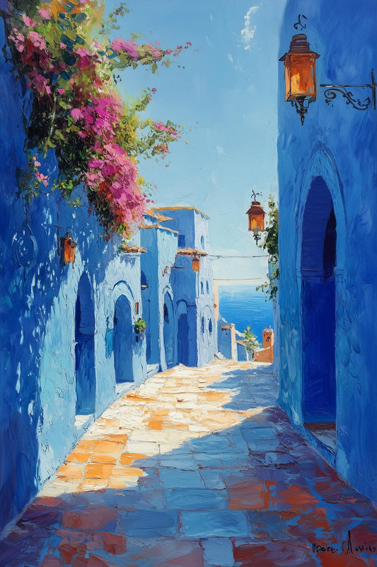 Custom Canvas Print of Mediterranean Street in Bright Blues and Pink Bougainvillea Inspired by Claude Monet