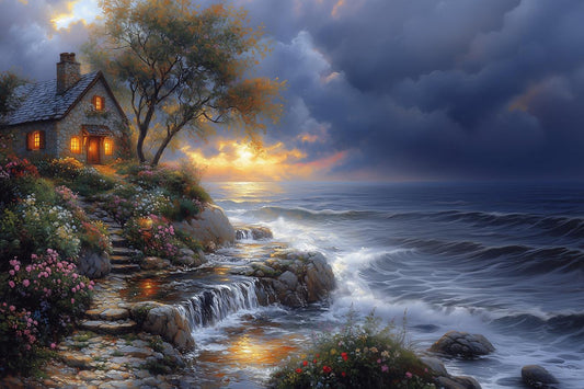 Coastal Serenity Custom Canvas Print Inspired by Thomas Kinkade Soft Colors Tranquil Home Decor Wall Art