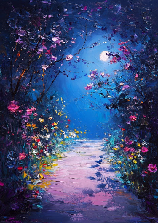 Moonlit Floral Pathway Canvas Print Inspired by Van Gogh's Impressionism - Vibrant Wall Art for Home Decor