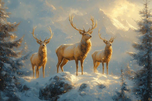 Custom Canvas Print of Majestic Stags in Snowy Landscape Inspired by Thomas Kinkade for Home Décor and Wall Art