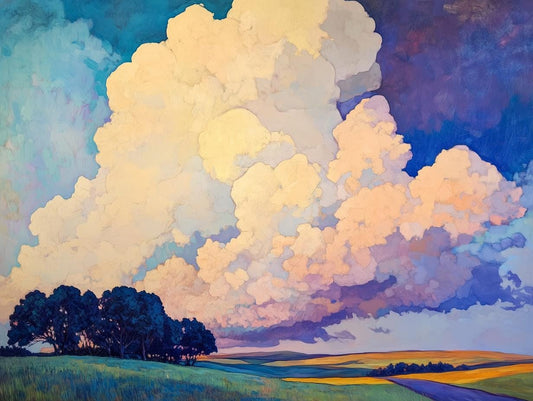 Custom Canvas Print Inspired by Thomas Hart Benton's Sky Landscape Art with Vibrant Clouds and Rich Colors for Home Decor