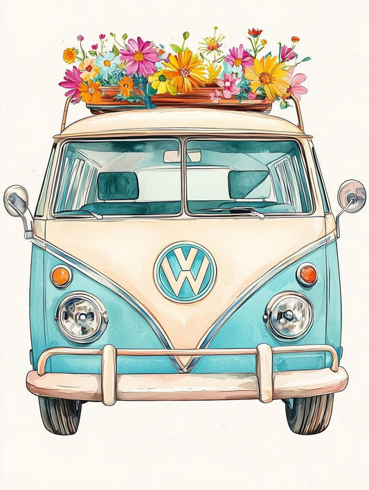 Vintage Volkswagen Bus Art Print with Colorful Flowers Canvas Wall Art for Home Decor, Digital Download Inspired by Watercolor Style