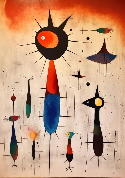 Custom Canvas Print Inspired by Joan Miró with Colorful Abstract Figures for Home Decor and Wall Art