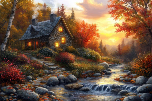 Autumnal Serenity Canvas Print in Impressionist Style - Cozy Stone Cottage with Fall Colors and Stream - Home Decor Wall Art