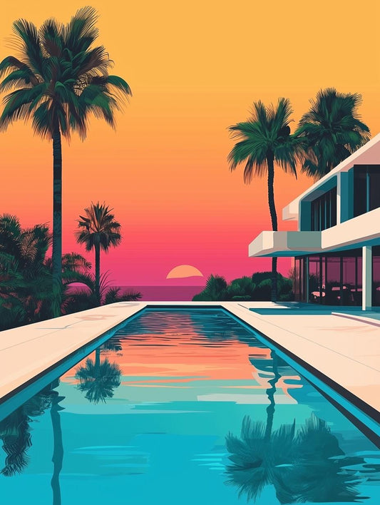 Coastal Sunset Poolside Canvas Print in the Style of Mid Century Modern | Modern Wall Art for Home Decor | Vibrant Tropical Colors