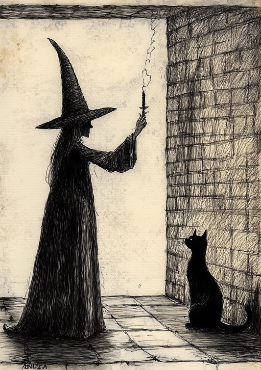 Custom Witch Wall Art Canvas Print with Black Cat, Gothic Style Home Decor, Digital Download Inspired by Classic Illustrations