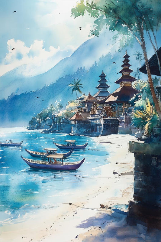 Custom Canvas Print of Serene Balinese Landscape in Watercolor Style with Temples and Boats for Home Decor