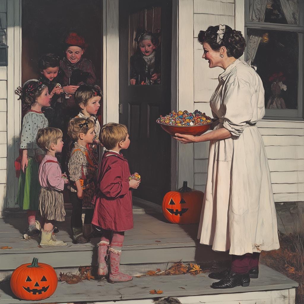 Charming Halloween Kids Canvassed Wall Art in the Style of Norman Rockwell Home Decor Digital Print