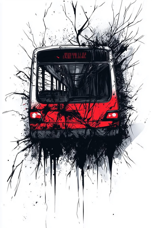 Dynamic Urban Canvas Print Inspired by Banksy Featuring Striking Red Bus and Abstract Textured Background Home Decor