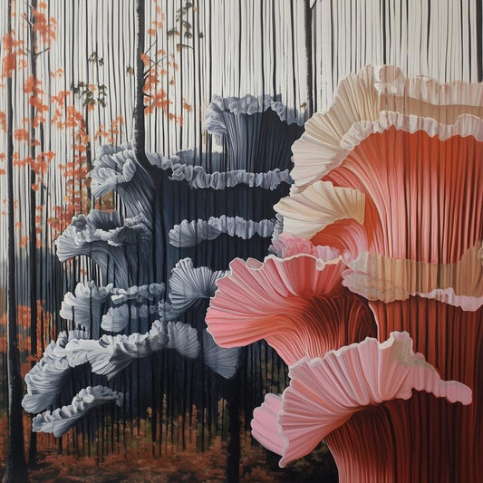 Lush Coastal Fungi Canvas Print Inspired by Julie Mehretu with Bold Colors and Abstract Forest Elements for Home Decor