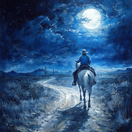 Canvas Print of Cowboy Under Moonlight Inspired by Van Gogh's Starry Night in Deep Blue Tones for Wall Art and Home Decor