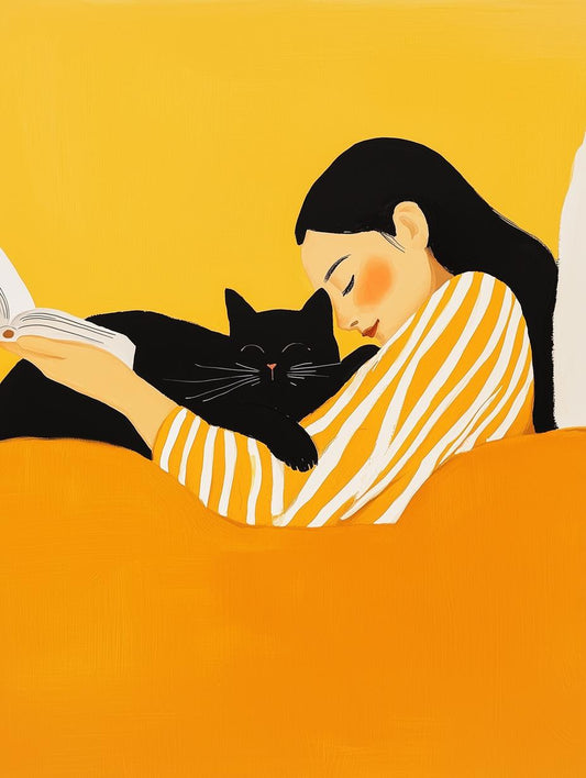 Cozy Cat Companionship Wall Art in Gentle Yellow Tones Inspired by Alex Katz Canvas Print | Original | 24x36" | Stretched Canvas