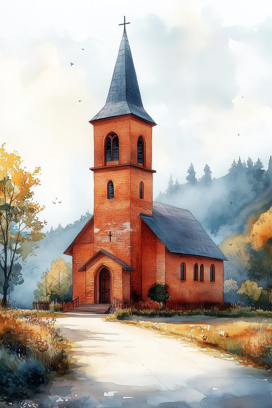 Charming Church Watercolor Canvas Print Inspired by Impressionist Style with Autumn Colors for Home Decor