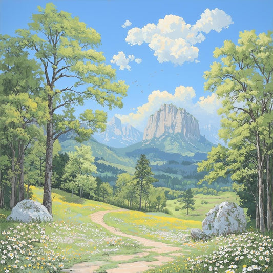 Stunning Landscape Canvas Print Inspired by Thomas Kinkade with Lush Greens and Vibrant Mountain Backdrop for Home Decor