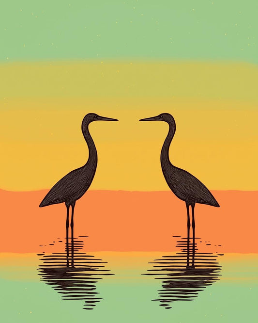 Custom Canvas Art featuring Elegant Black Herons with Reflective Water in Warm Sunset Tones - Unique Wall Art - Home Decor