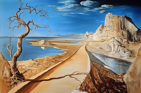 Surreal Desert Landscape Canvas Print Inspired by Salvador Dali with Unique Colors and Dreamlike Elements for Home Decor