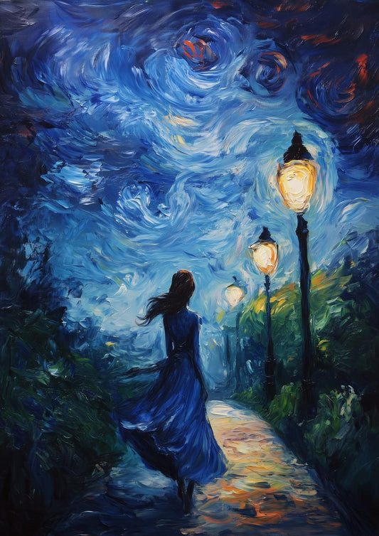 Starry Night Inspired Canvas Print of a Woman Walking Under Street Lamps in Blue Hues Art for Home Decor and Wall Art