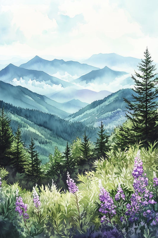 Mountain Landscape Canvas Print in Watercolor Style Inspired by Traditional Artists, Nature Wall Art for Home Decor