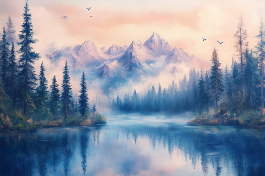 Mountain Reflections Canvas Print in the Style of Bob Ross with Serene Blues and Pastel Skies Ideal for Home Decor Wall Art