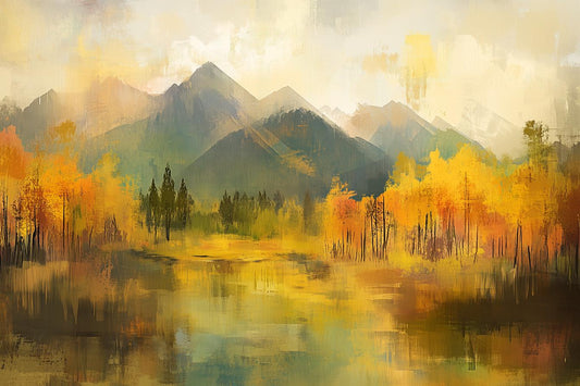 Autumn Landscape Canvas Print Inspired by Impressionism with Stunning Yellow and Green Hues for Home Decor