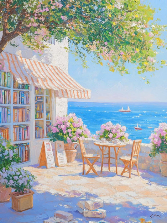 Coastal Cafe Scene Inspired by Impressionism Canvas Print | Bright Colors | Floral Decor | Home Wall Art