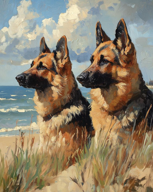 German Shepherds Beach Canvas Print Ocean Scene Wall Art for Dog Lovers Home Decor Inspired by Impressionist Style