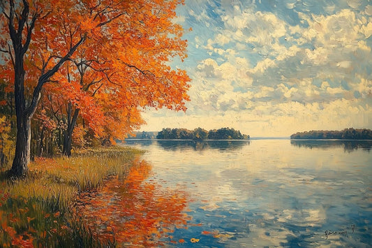 Autumn Serenity Canvas Print Inspired by Claude Monet with Vibrant Orange Leaves and Tranquil Waters - Perfect Wall Art for Home Decor