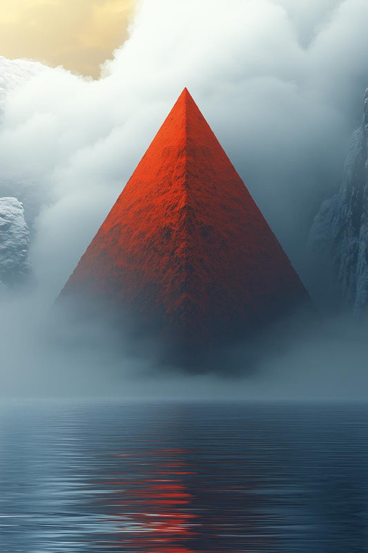 Pyramid in Mist Abstract Canvas Print Inspired by Modern Surrealism Red and Blue Home Decor Wall Art