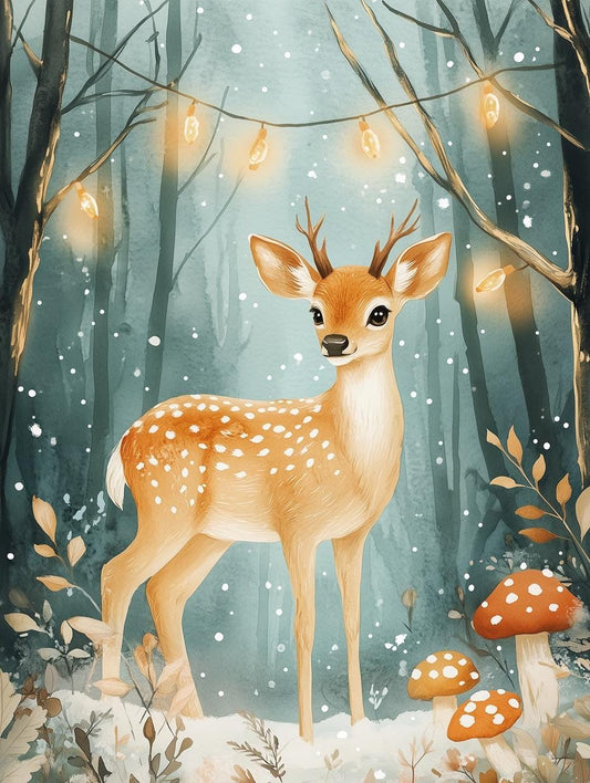 Charming Canvas Print of a Deer in a Cozy Forest Scene with Christmas Lights and Mushrooms Wall Art for Home Decor