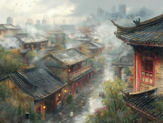 Mist-Covered Ancient Village Canvas Print in the Style of Chinese Landscape Art for Home Decor and Wall Art