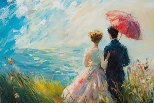 Romantic Coastal Wedding Scene Canvas Print in Impressionist Style with Couples Under Umbrella for Home Decor