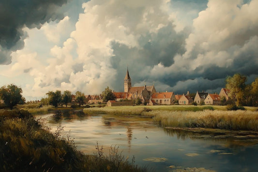 Beautiful Canvas Print of Tranquil Village Landscape in the Style of Dutch Masters Art for Home Decor and Wall Art