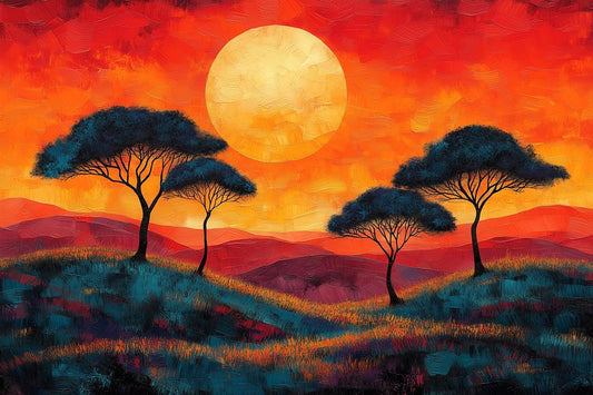 Stunning Sunset Canvas Print Inspired by Van Gogh's Style with Vibrant Colors and Unique Tree Silhouettes for Home Decor