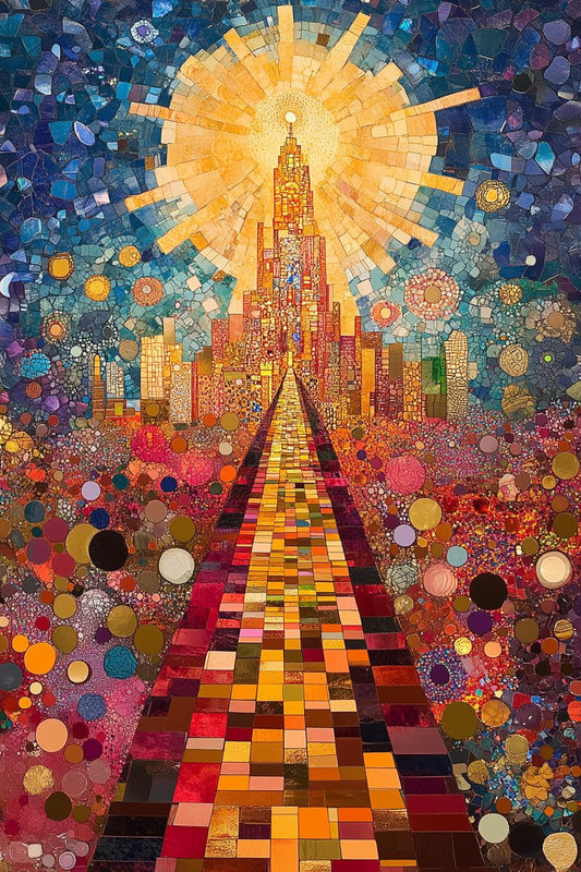 Mosaic Pathway to Light Canvas Print Inspired by Klimt with Colorful Abstract Shapes and Vibrant Sunlight for Home Decor