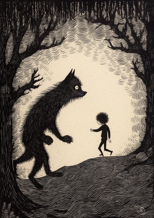 Whimsical Black and White Canvas Art Inspired by Maurice Sendak Featuring a Fearless Child and Enigmatic Forest Beast| Home Decor